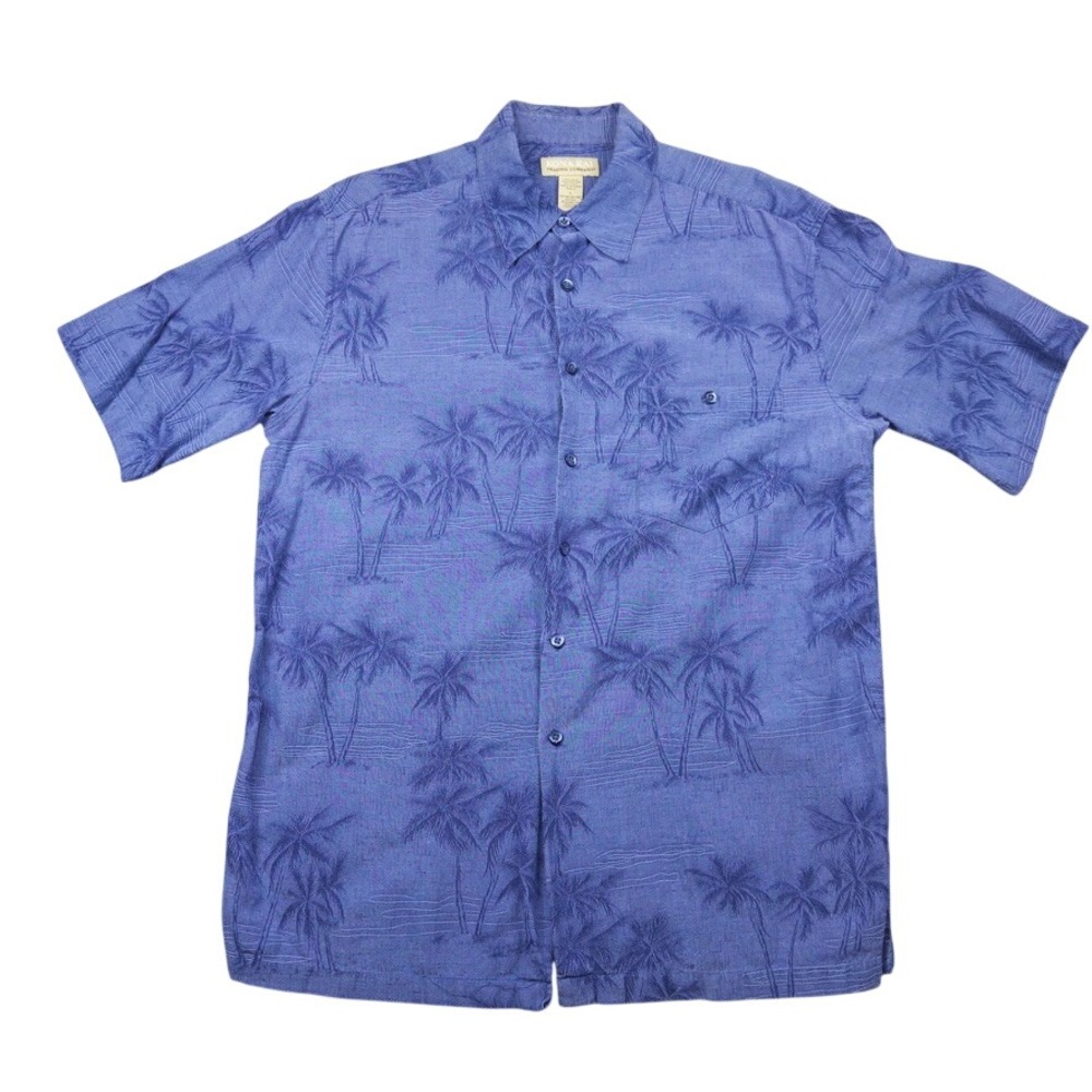 Kona Kai Trading Company Shirt Mens Large Blue Silk Cotton Palm Tree Hawaiian